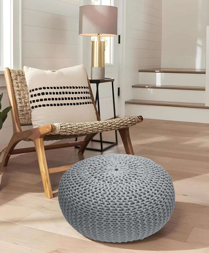 Bedding Craft Round Pouf Foot Stool Ottoman - Hand Knitted Bean Bag - Gray - Image 2